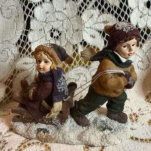 Vintage Winter Figurine with Children Sledding Christmas Resin Home Interiors